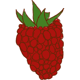a bright red raspberry with green leaves